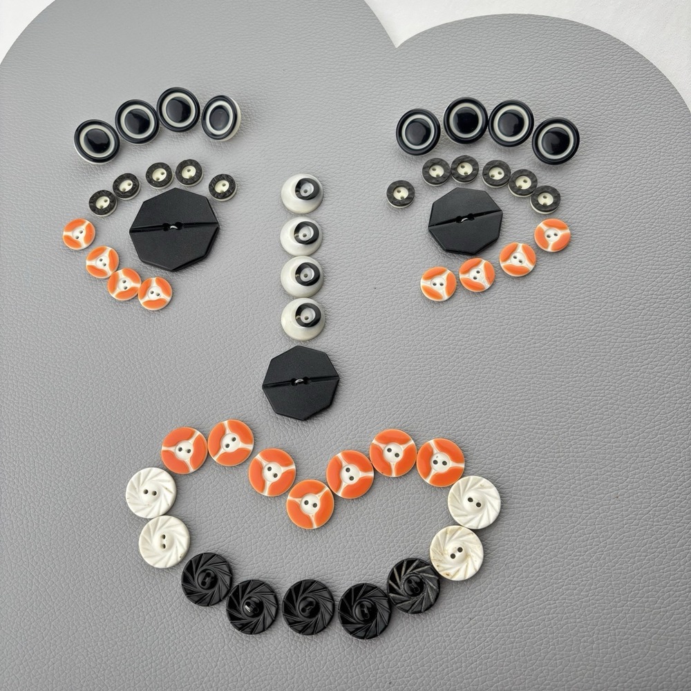 Vintage Black White Orange Button Lot ~‎ 51 Pc Set - 2 Hole + Shank Sew Craft